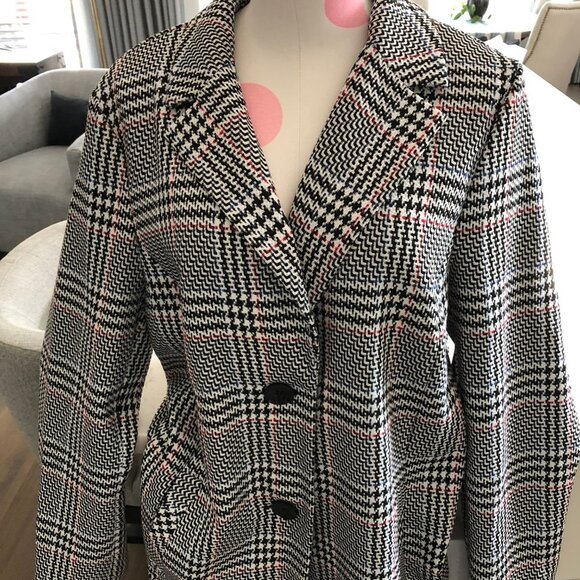 Sigrid Olsen New Fusion Plaid 2 Button Notch Collar Coat Blk White Red Sz 12 NWT - Picture 3 of 15